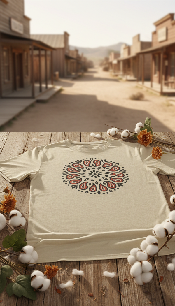 Paisley Burst Pattern Organic Cotton T-Shirt - GOTS Certification Hero in Western Town - 90s Retro Sustainable