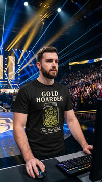Gold Hoarder "Taxing Mage" GOTS-certified organic cotton tee worn in a esports arena — the tournament grinder