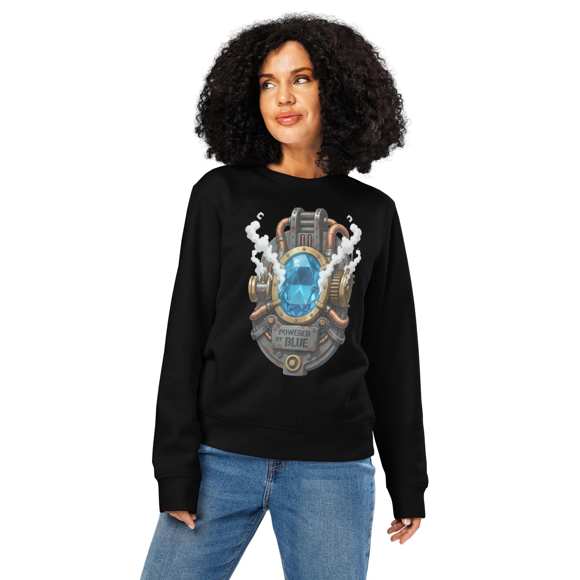 "Powered By Blue" Steampunk Organic Sweatshirt | Verified Sustainable Industrial Wear - Sustainable Organic Design | Primary Mockup Front View