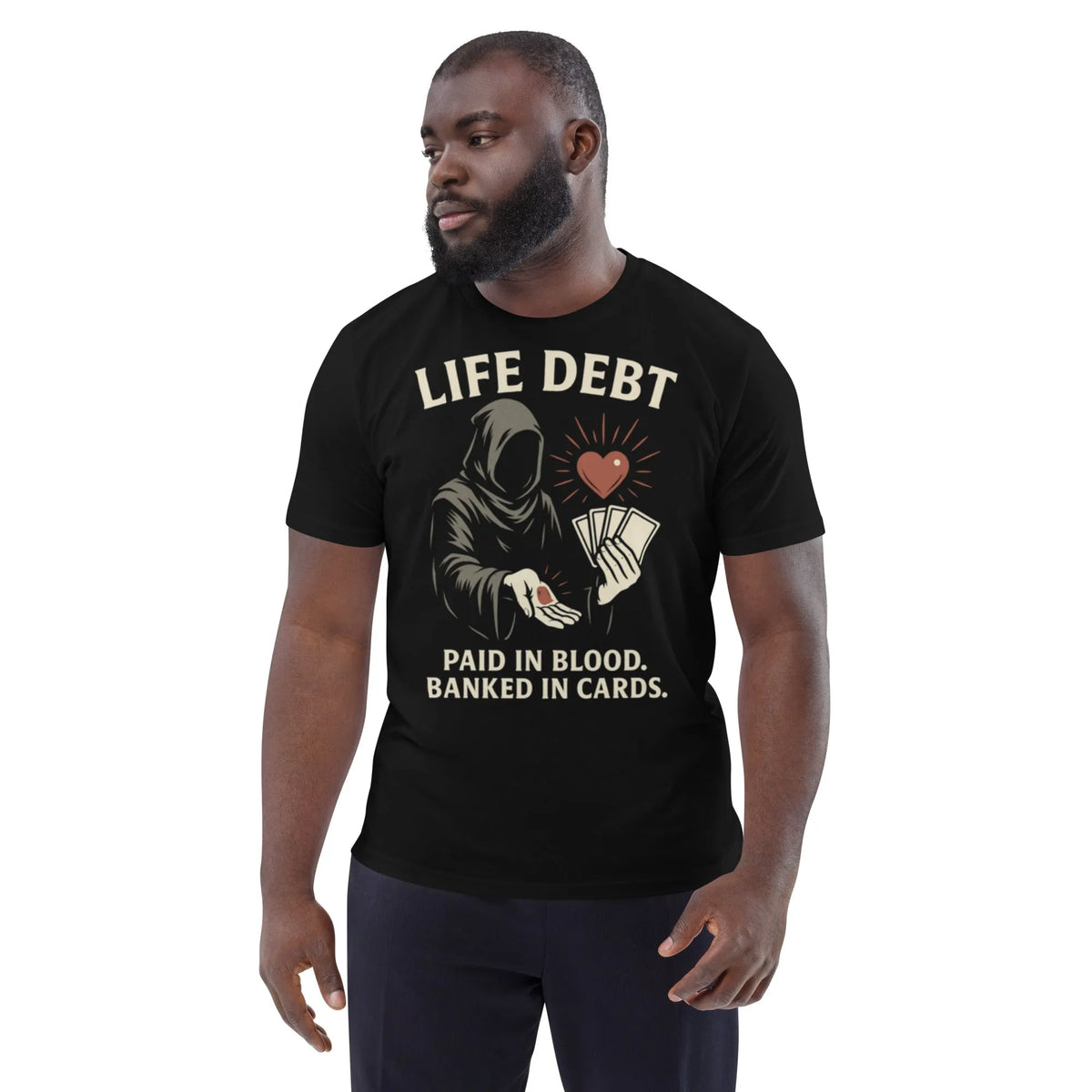 Life Debt Blood Pact Tee | Verified Organic Gamer Streetwear - Sustainable Organic Design | Primary Mockup Front View