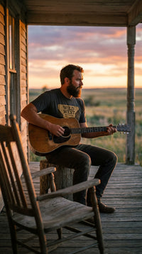 Wild West Revival Organic Cotton Tote Bag - Acoustic Guitarist in Ranch Porch - Eco-Aesthetic Lifestyle