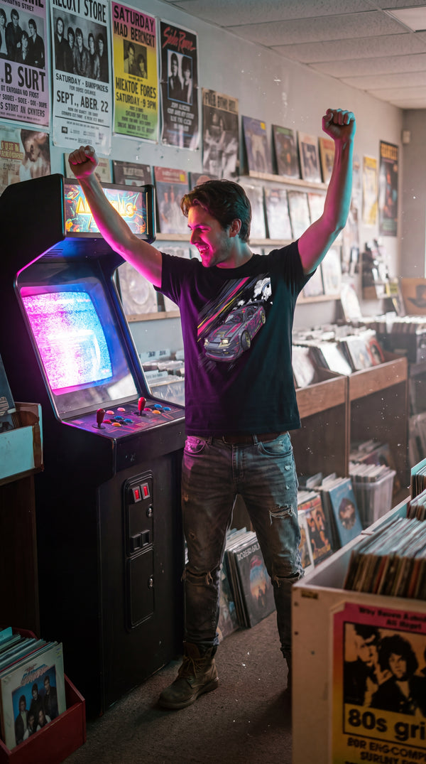 Retro Drift Racing Organic Cotton T-Shirt - Arcade Champion in Vintage Record Store - The LGS 'Equippable'