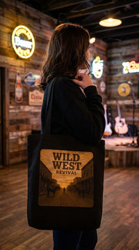 The Frontier Tote: Certified Organic Cotton Bag with Vintage Western Art - Honky Tonk Regular in Honky Tonk Bar - Eco-Aesthetic Lifestyle