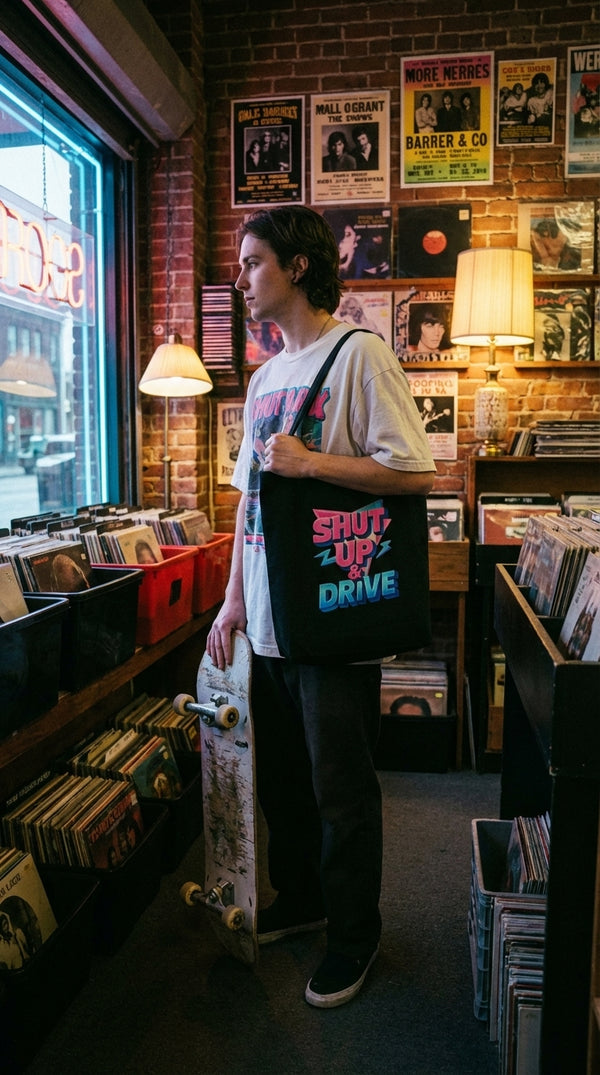 Shut Up & Drive Eco Tote - Urban Skater in Vintage Record Store - Eco-Aesthetic Lifestyle