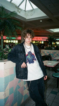 The Mad Scientist GOTS-certified organic cotton tee worn in a 90s mall food court — 90s retro sustainable (2)