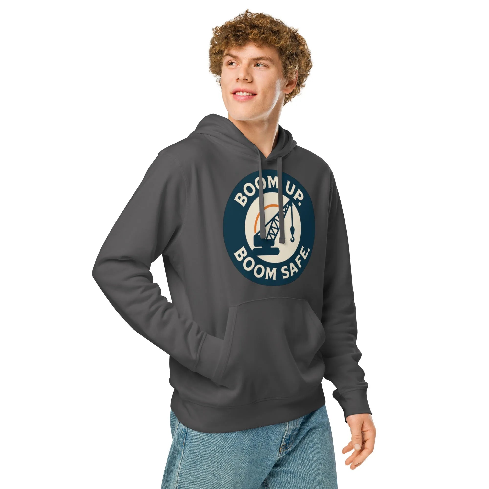 "Boom Up Boom Safe" Organic Hoodie | Crane Operator Edition - Sustainable Organic Design | Primary Mockup Front View