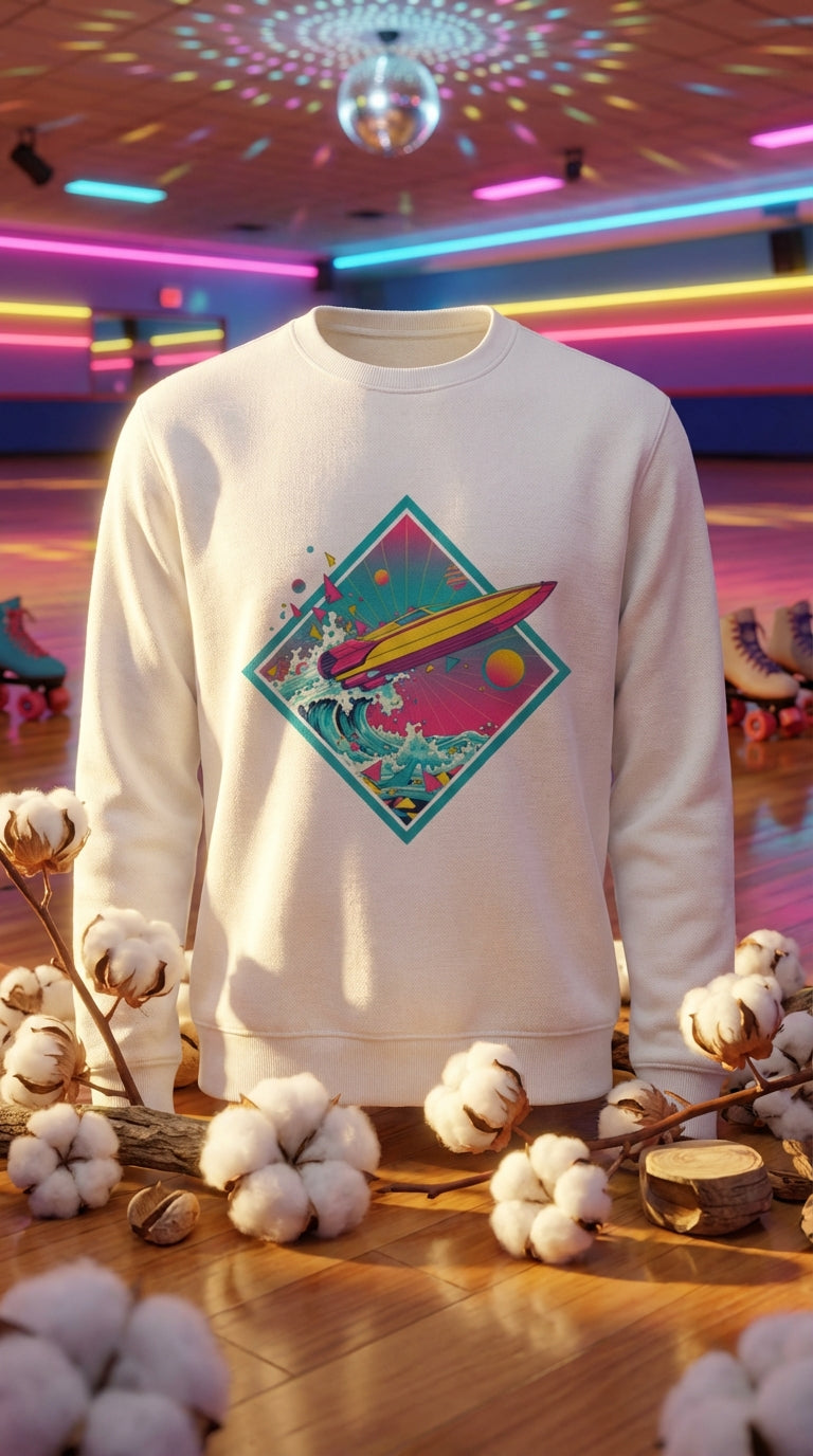 Retro Speedboat Organic Sweatshirt - GOTS Certification Hero in Roller Rink - 90s Retro Sustainable