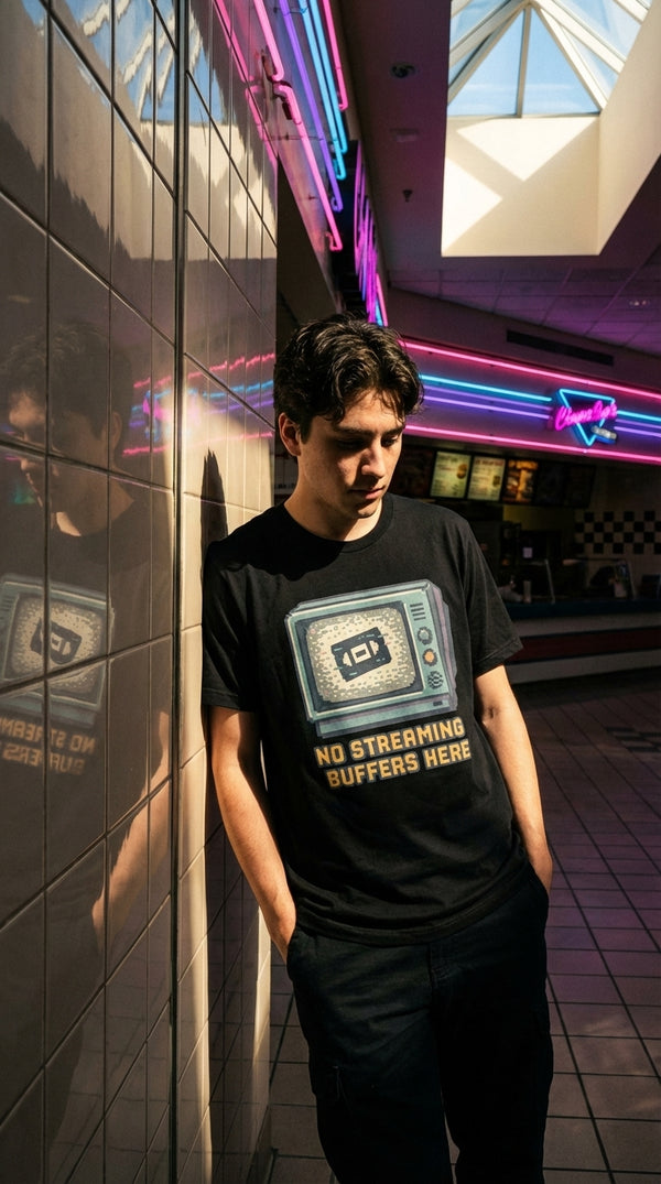 No Streaming Buffers Retro TV Organic Tee - 90s Mall Goth in 90s Mall Food Court - Cinematic Showcase