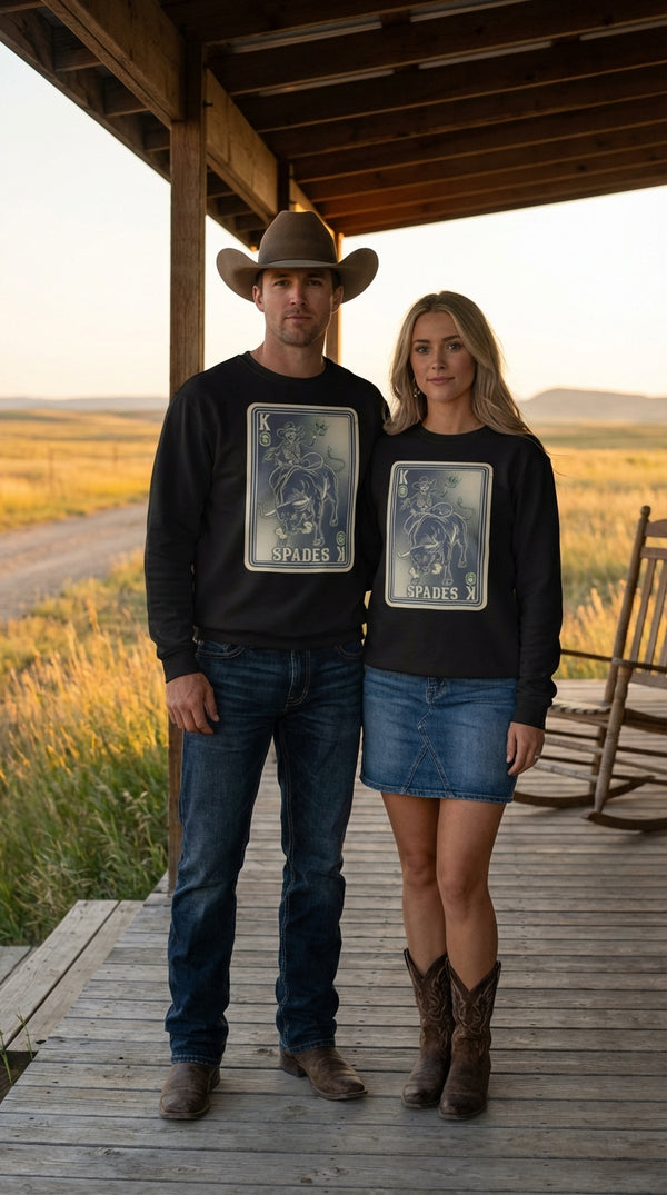 King of Spades Skeleton Cowboy Organic Sweatshirt - Couple / Duo in Ranch Porch - Eco-Aesthetic Lifestyle