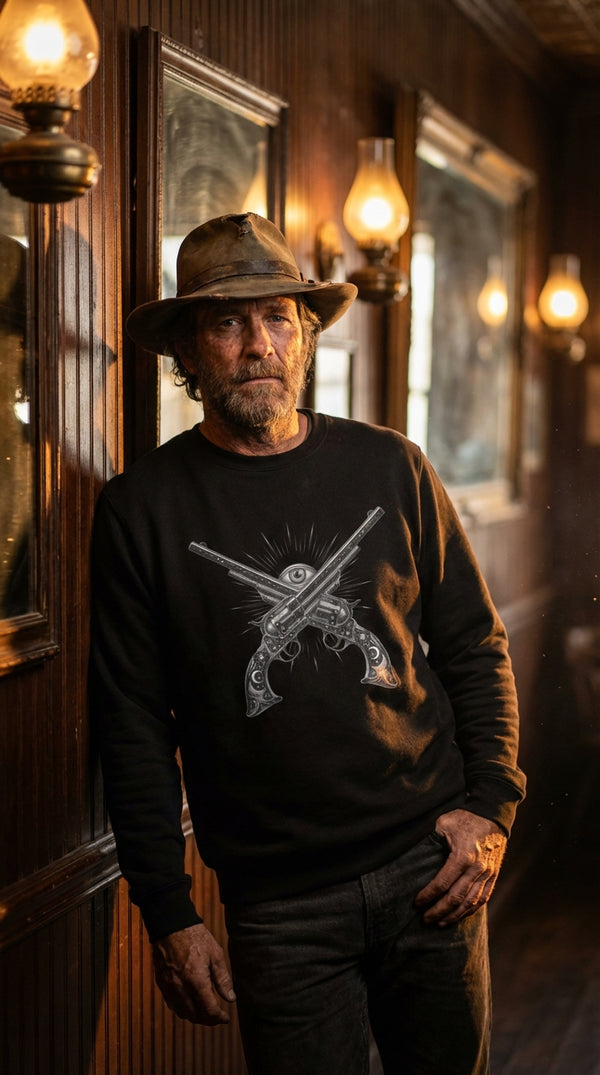 Mystic Revolver Western Organic Cotton Sweatshirt - Cowboy Model in Saloon Interior - Eco-Aesthetic Lifestyle