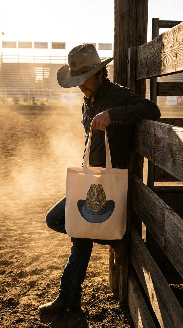 Western Canyon Waterfall Cowboy Hat Organic Cotton Tote Bag - Rodeo Spectator in Rodeo Arena - Cinematic Showcase