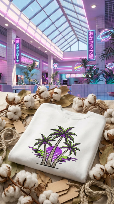 Neon Palms Vaporwave Organic Sweatshirt - Hero in 90s Mall Food Court - 90s Retro Sustainable