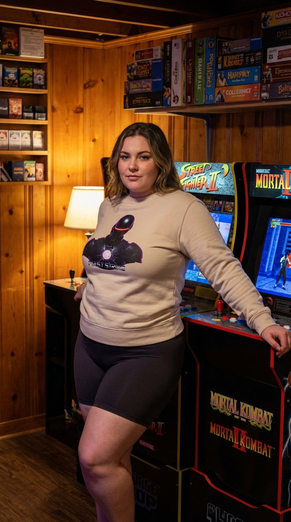 First Strike Cyberpunk Organic Gamer Sweatshirt - Retro Plus Arcade in Cozy Game Den - Legendary Pull