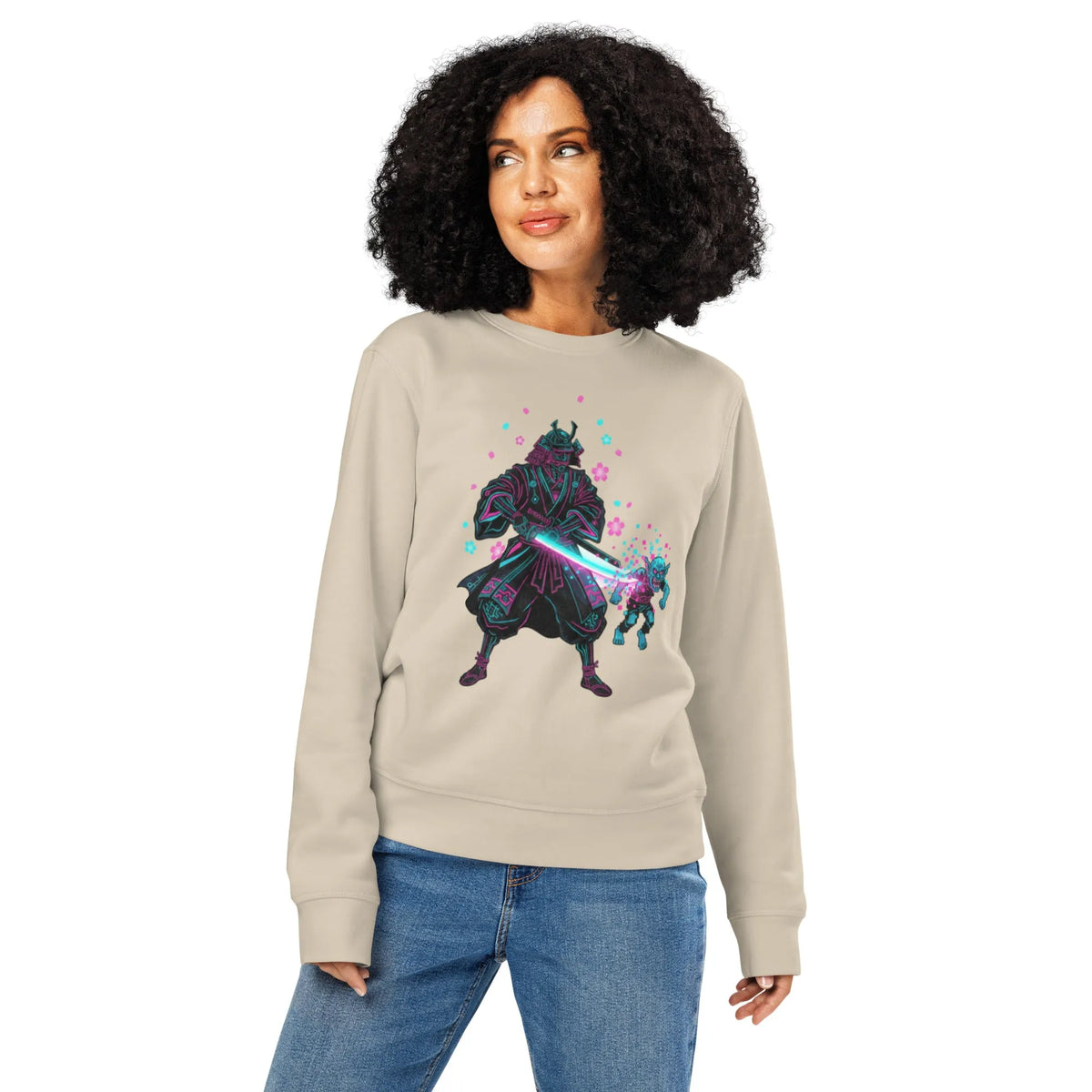 Cyberpunk Samurai Organic Cotton Sweatshirt | Gamer Level-Up - Sustainable Organic Design | Primary Mockup Front View