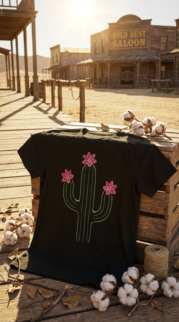 Organic Cotton T‑shirt – Neon Cactus Bloom - GOTS Certification Hero in Western Town - 90s Retro Sustainable