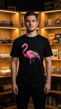 Glitch Flamingo Retro Cyberpunk Organic Cotton T-Shirt - Esports Pro in Retro Console Wall - 90s Retro Sustainable