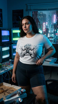 Unleashed Werewolf GOTS-certified organic cotton tee worn in a 90s lan party — 90s retro sustainable (2)