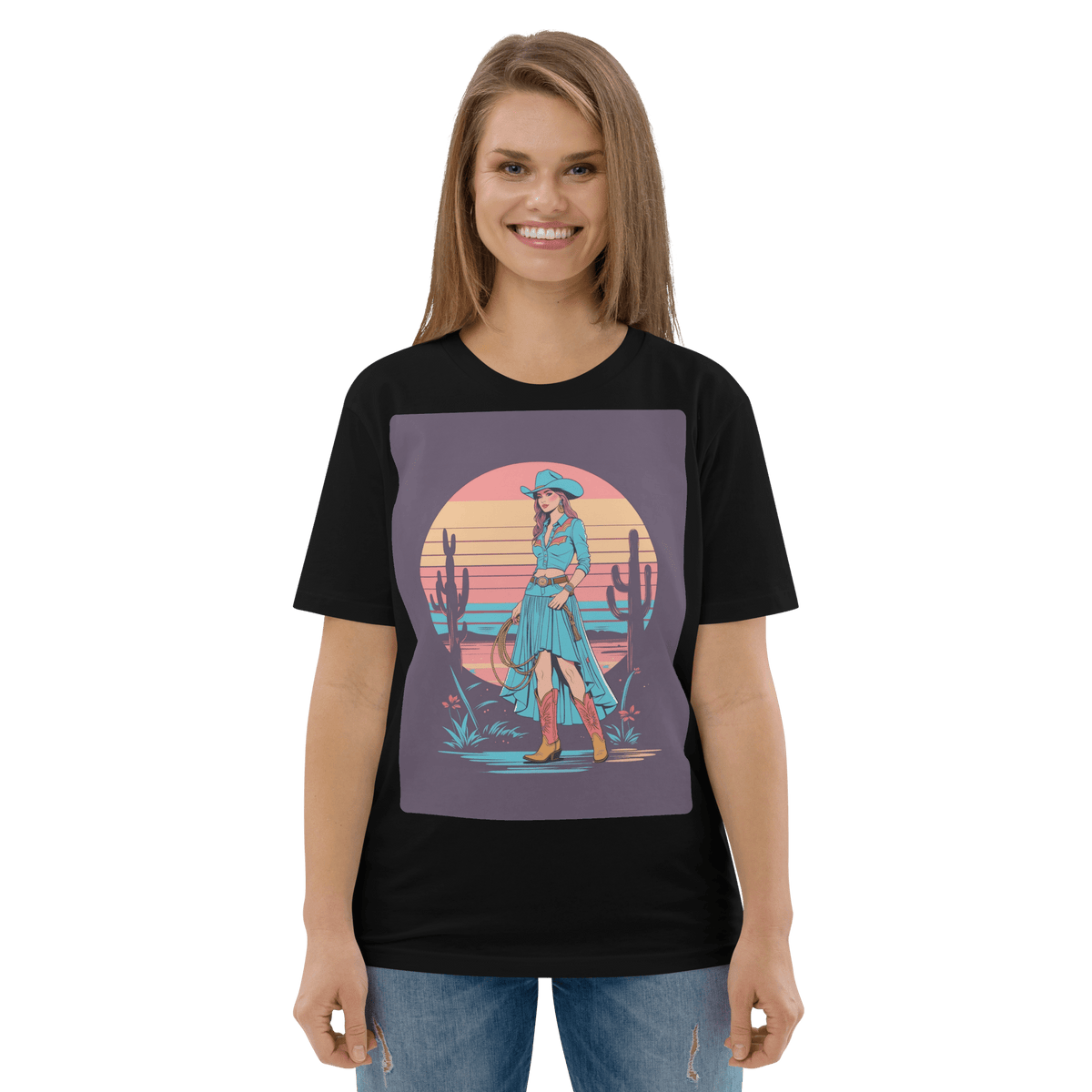 California Cowgirl Chic Organic Cotton T-Shirt – Vintage Western Rodeo Tee - Design Delight Studio