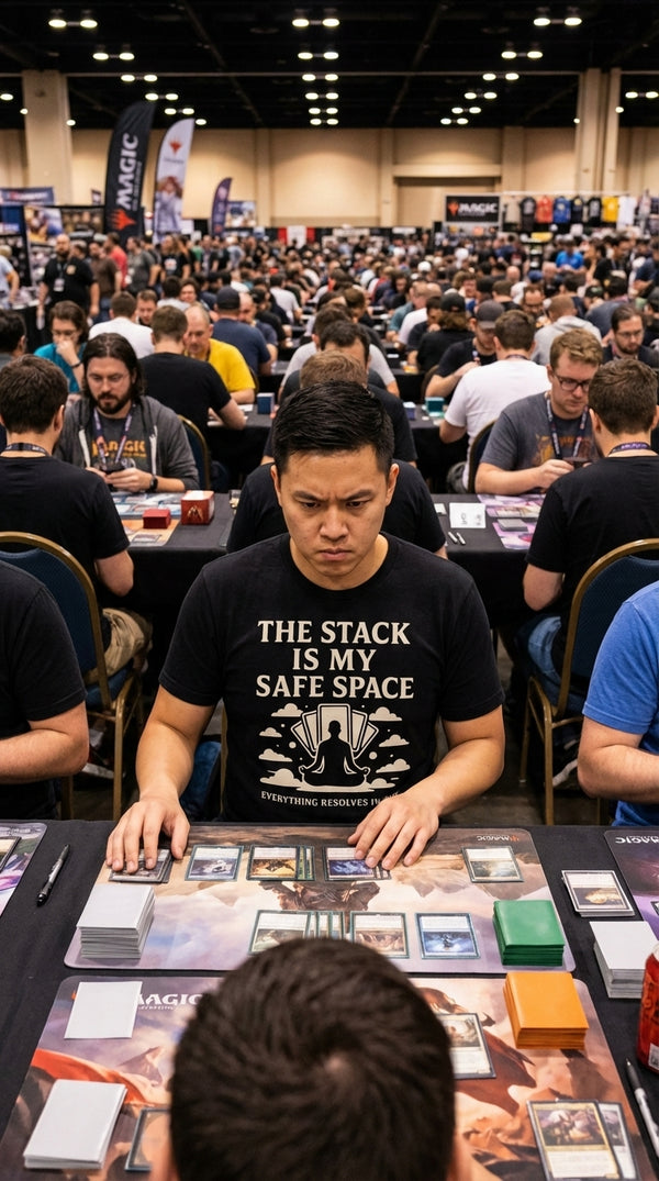 The Stack Is My Safe Space T-Shirt - Tournament Grinder (CCG) in Tournament Hall - Untap & Upkeep Lifestyle