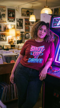 Organic Cotton Shut Up And Drive Tee - Retro Plus Arcade in Vintage Record Store - 90s Retro Sustainable