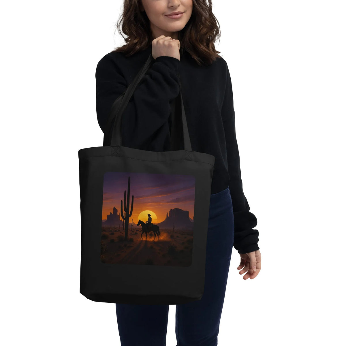 Desert Rider Organic Cotton Tote Bag | Sustainable Western Art - Sustainable Organic Design | Primary Flat-lay Front View