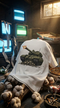 Skull Crusher GOTS-certified organic cotton tee worn in a 90s lan party — 90s retro sustainable