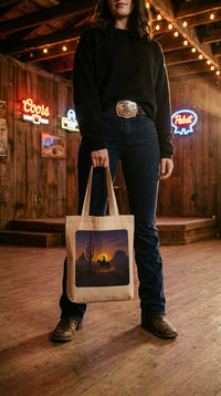 Desert Sunset Cowboy Organic Cotton Tote Bag - Line Dancer in Honky Tonk Bar - Eco-Aesthetic Lifestyle