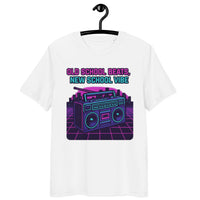 Neon Boombox Organic Tee – Retro Synthwave Edition - Sustainable Organic Design | Detailed Alternative View