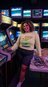 Pizza UFO Cow Abduction Organic Crewneck Sweatshirt - Retro Plus Arcade in 90s LAN Party - 90s Grunge Revival