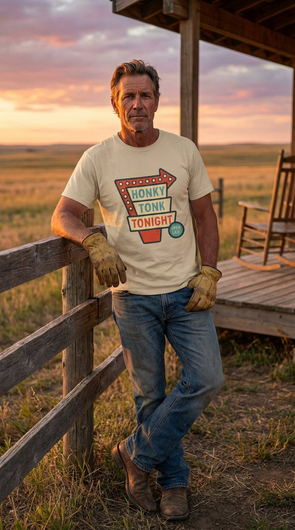 Honky-tonk Tonight Arrow Sign Organic Western Bar Tee - Modern Rancher in Ranch Porch - Eco-Aesthetic Lifestyle