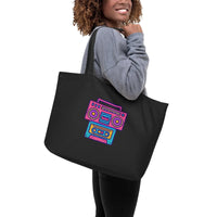 Retro Beats Organic Tote | Sustainable Boombox & Cassette Design - Sustainable Organic Design | Detailed Alternative View