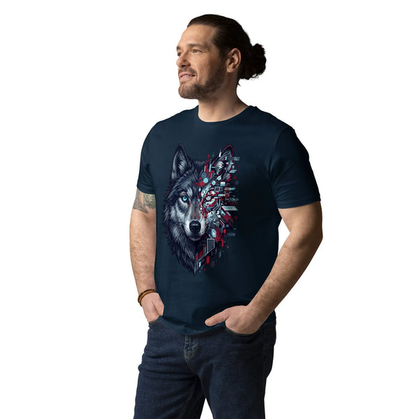 Cyber Wolf Pixel Art T-Shirt | Organic Cotton by Design Delight Studio - Sustainable Organic Design | Detailed Alternative View