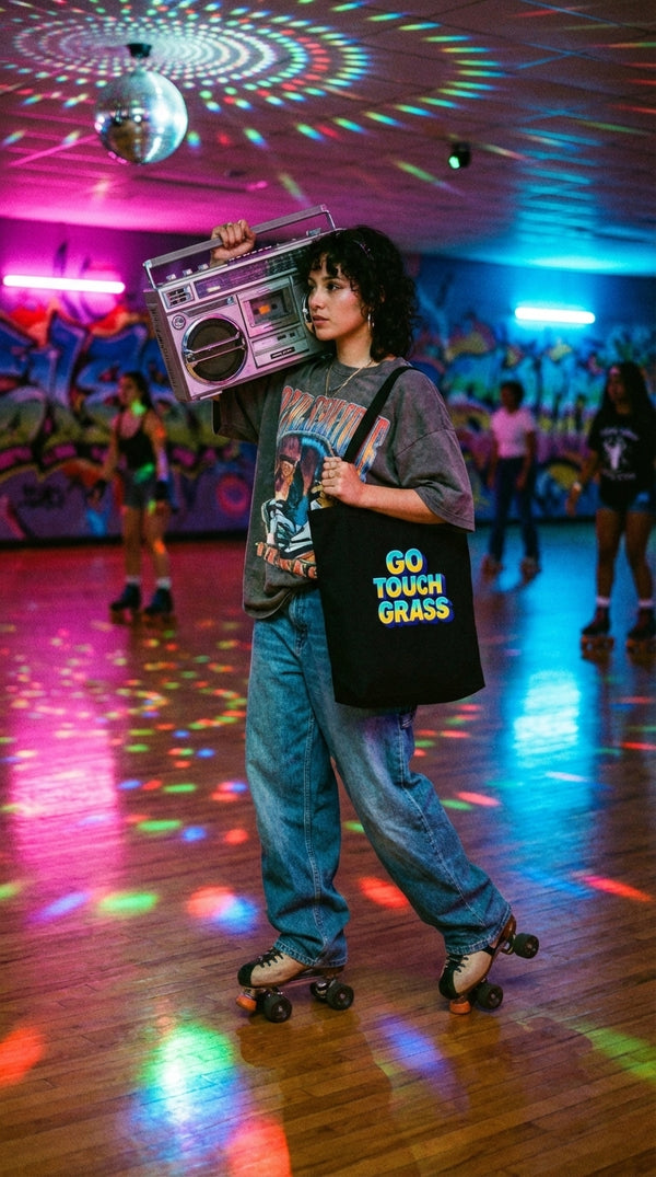 Go Touch Grass Eco Tote - Cyberpunk Plus in Internet Cafe - Eco-Aesthetic Lifestyle