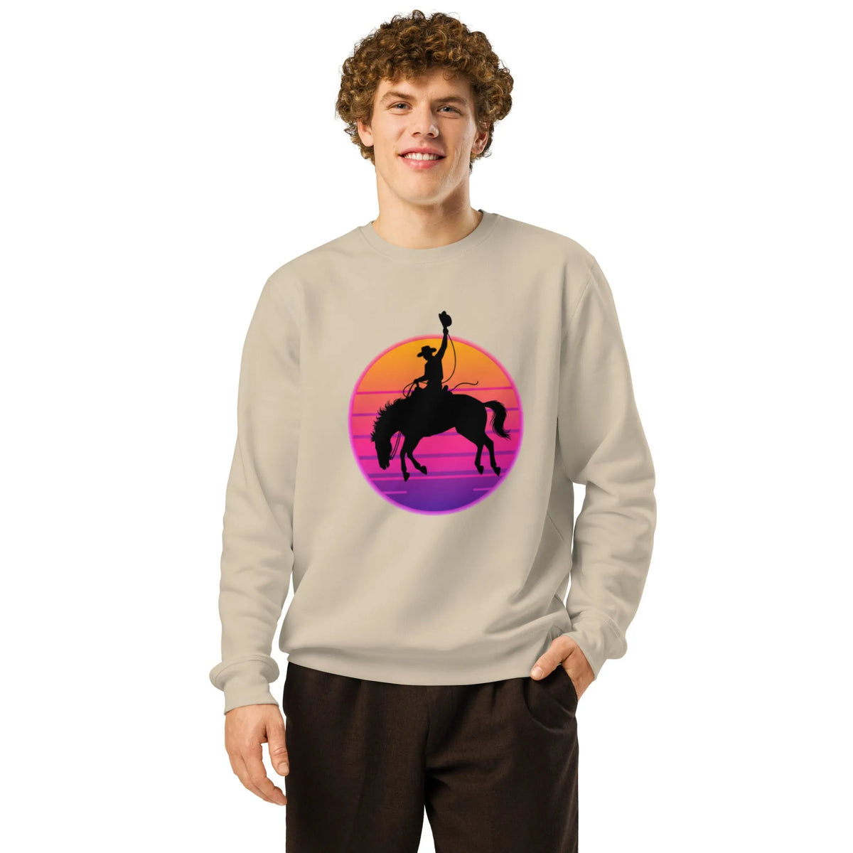 Neon Bronco Organic Sweatshirt | Retro Western & Synthwave Style - Sustainable Organic Design | Primary Mockup Front View