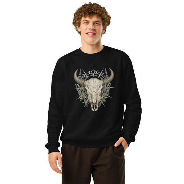 Mystic Bull Skull Organic Sweatshirt | Cowboy Renaissance - Sustainable Organic Design | Primary Mockup Front View