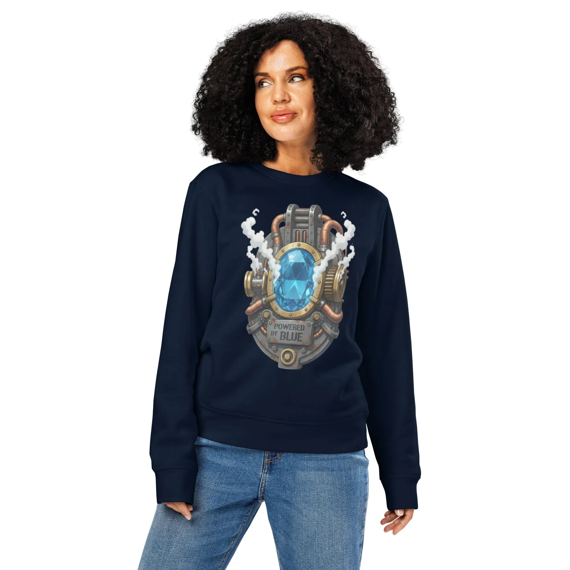 "Powered By Blue" Steampunk Organic Sweatshirt | Verified Sustainable Industrial Wear - Sustainable Organic Design | Detailed Alternative View