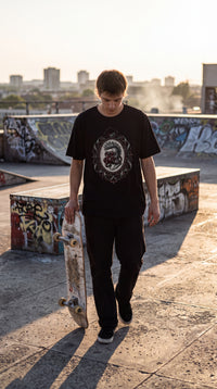 Cyberpunk Gas Mask Organic Cotton Tee - Urban Skater in Rooftop Skatepark - Y2K Eco-Tech