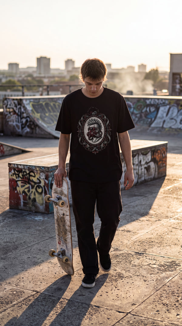 Cyberpunk Gas Mask Organic Cotton Tee - Urban Skater in Rooftop Skatepark - Y2K Eco-Tech