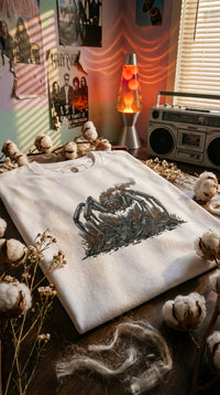 Mecha Spider Organic graphic tee worn in a 90s teenage bedroom — 90s retro sustainable
