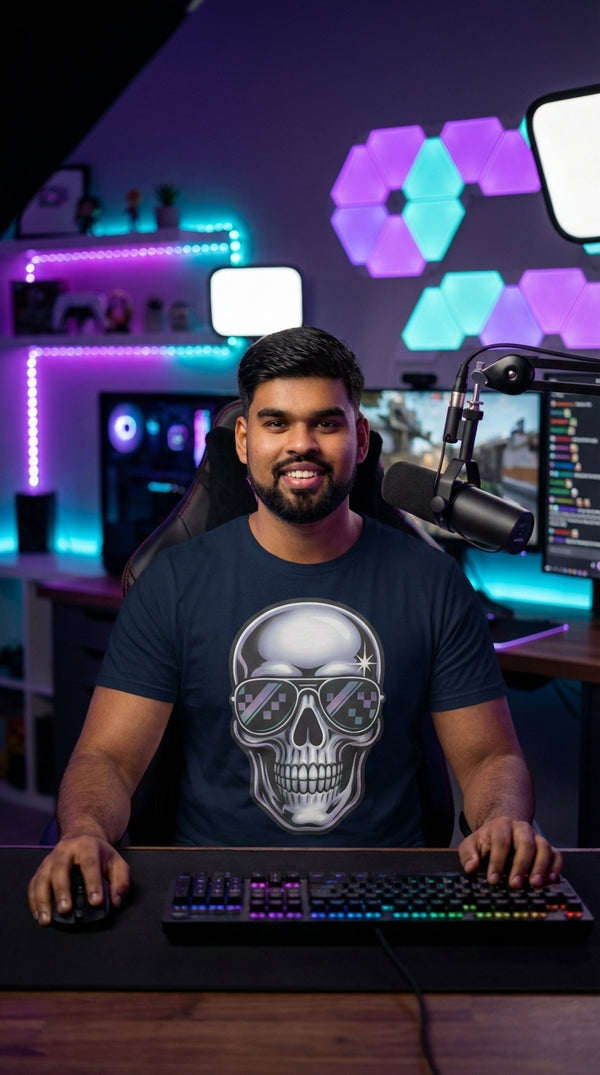 Retro Chrome Skull with Reflective Shades Graphic T-Shirt - Male Streamer in RGB Gaming Room - 90s Grunge Revival