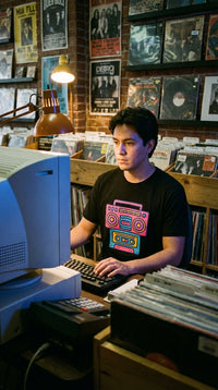 Organic Cotton Retro Boombox & Cassette Eco Tote - Dial-Up Era in Vintage Record Store - Eco-Aesthetic Lifestyle