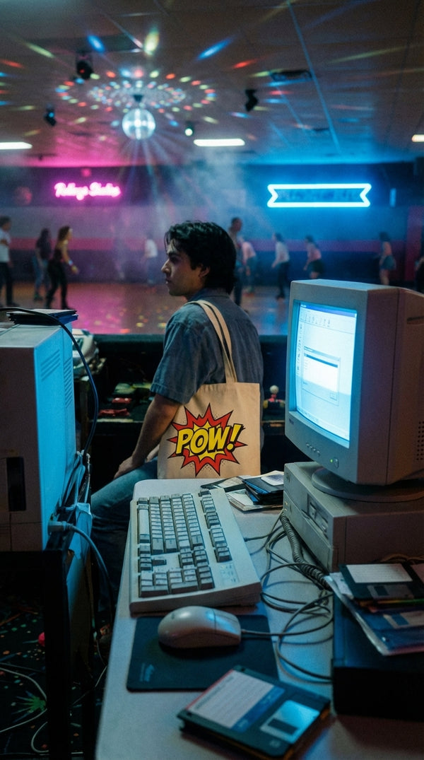 POW! Comic Pop Eco Tote Bag - Dial-Up Era in Roller Rink - Eco-Aesthetic Lifestyle