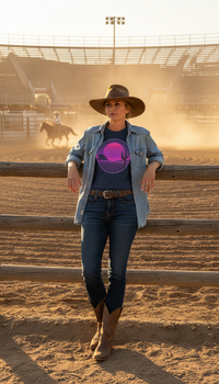 Vaporwave Desert Dreamscape Organic Cotton T-Shirt - Modern Rancher in Rodeo Arena - 90s Retro Sustainable