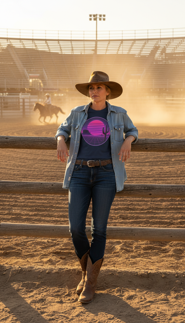 Vaporwave Desert Dreamscape Organic Cotton T-Shirt - Modern Rancher in Rodeo Arena - 90s Retro Sustainable