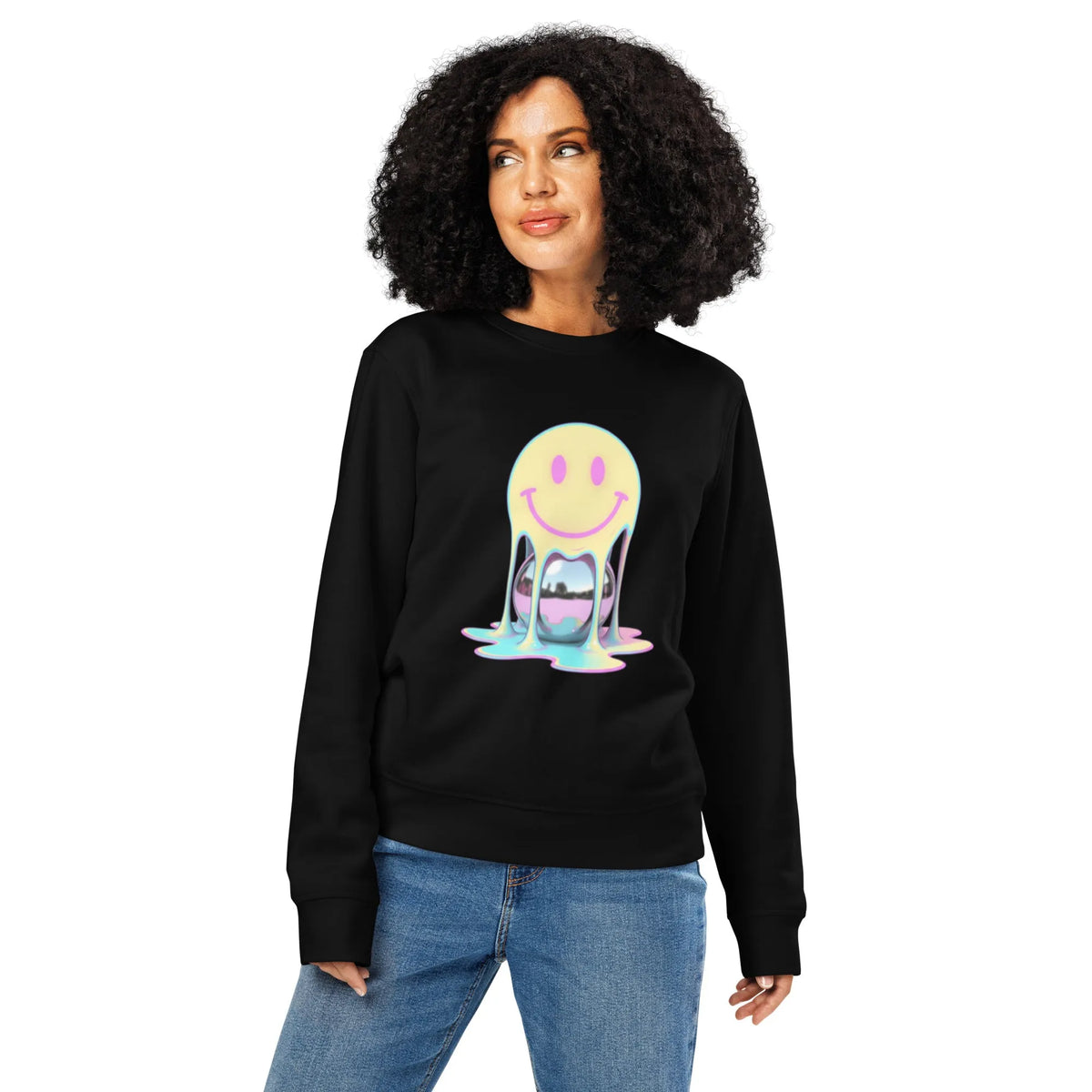 Melted Chrome Smile Organic Sweatshirt - Y2K Acid House Crewneck - Sustainable Organic Design | Primary Mockup Front View