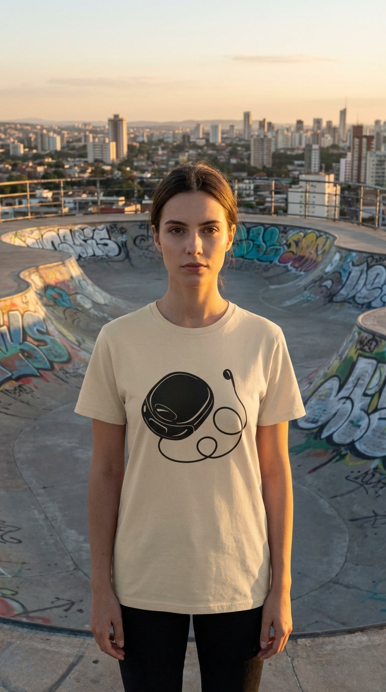 Retro Discman with Earbud Silhouette - Vintage 90s Music Graphic Tee - Female Model in Rooftop Skatepark - 90s Grunge Revival