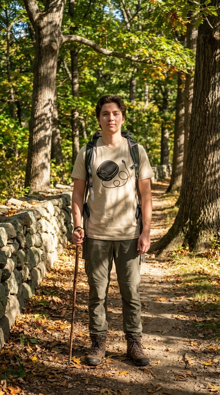 Retro Discman with Earbud Silhouette - Vintage 90s Music Graphic Tee - Eco-Hiker in Boston Common - 90s Grunge Revival