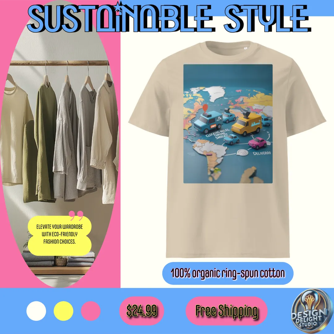 Organic cotton t-shirt – ‘Gig Economy Delivery Mashup’ design featuring a playful map of global delivery services. Soft, eco-friendly & perfect for couriers!