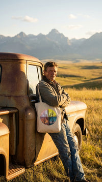 Desert Transitions Saguaro Organic Cotton Tote Bag - Pickup Truck Lean in Open Range - Eco-Aesthetic Lifestyle