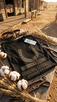 Organic Cotton T‑shirt – Forging Strength Riding Legacy - GOTS Certification Hero in Western Town - 90s Retro Sustainable